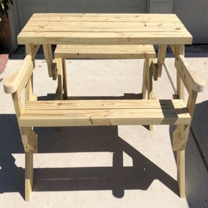 The convertible bench folded into a table