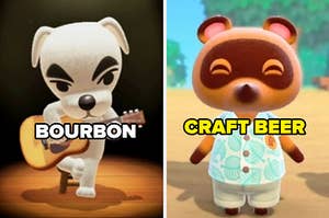 On the left, a white 3D dog with big black eyebrows holds a guitar. Over his picture reads BOURBON. On the right, a 3D raccoon is smiling and wearing a button-down shirt. Over that image reads CRAFT BEER.