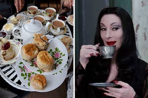 On the left, people sit around a table with a teapot, cups of tea, and scones, and on the right, Anjelica Huston drinks tea out of a metal teacup as Morticia Addams in "The Addams Family"