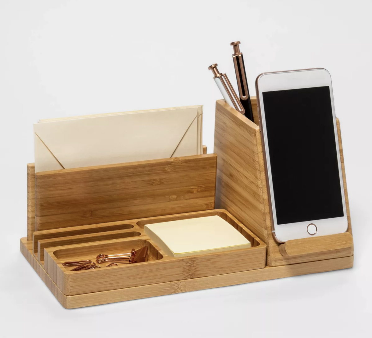 the wooden storage and charger station