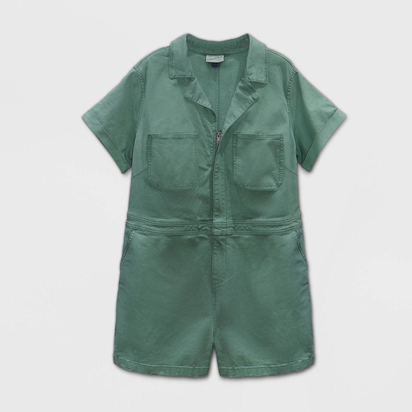 A short-sleeved zippered jumpsuit in green