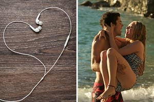 On the left, a pair of headphone wires are twisted into a heart shape, and on the right, Dominic Cooper holds Amanda Seyfried in his arms on the beach as they sing "Lay All Your Love on Me" as Sky and Sophie in "Mamma Mia!"