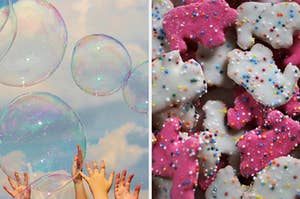 On the left, children reach out to touch bubbles floating in the air on a beautiful sunny day, and on the right, a pile of brightly colored circus animal crackers with sprinkles on top