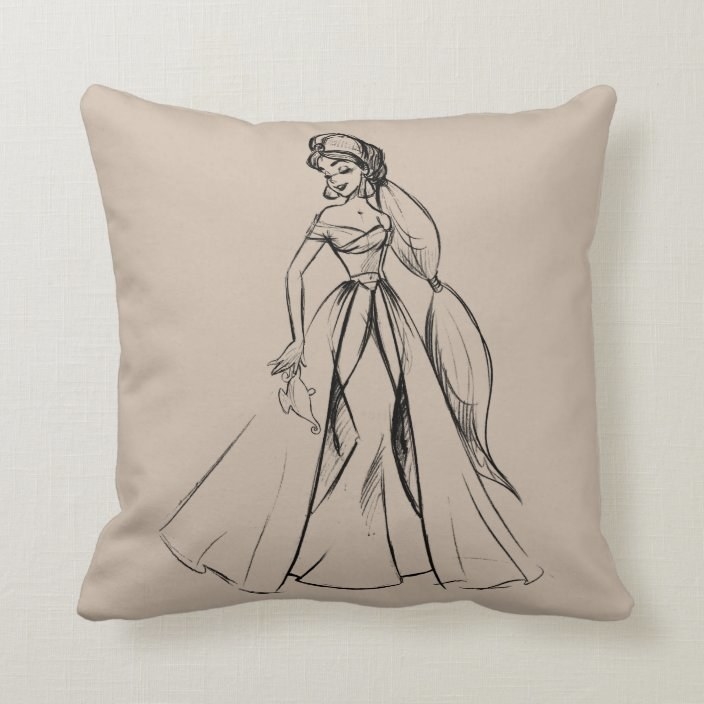the light tan pillow, showing the Jasmine sketch in her ballgown

