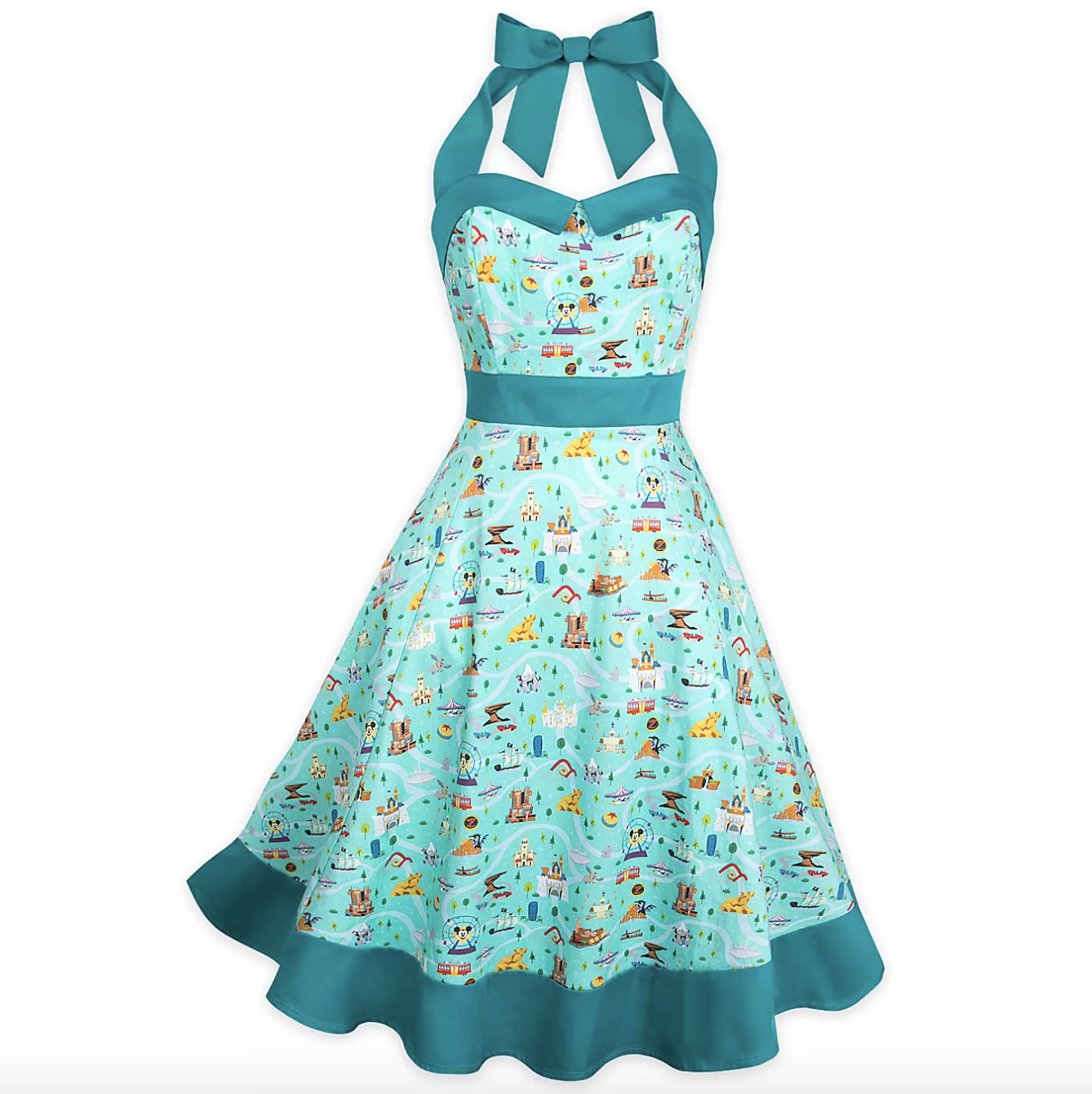 the dress, which is bright turquoise and has pockets and smocked panels