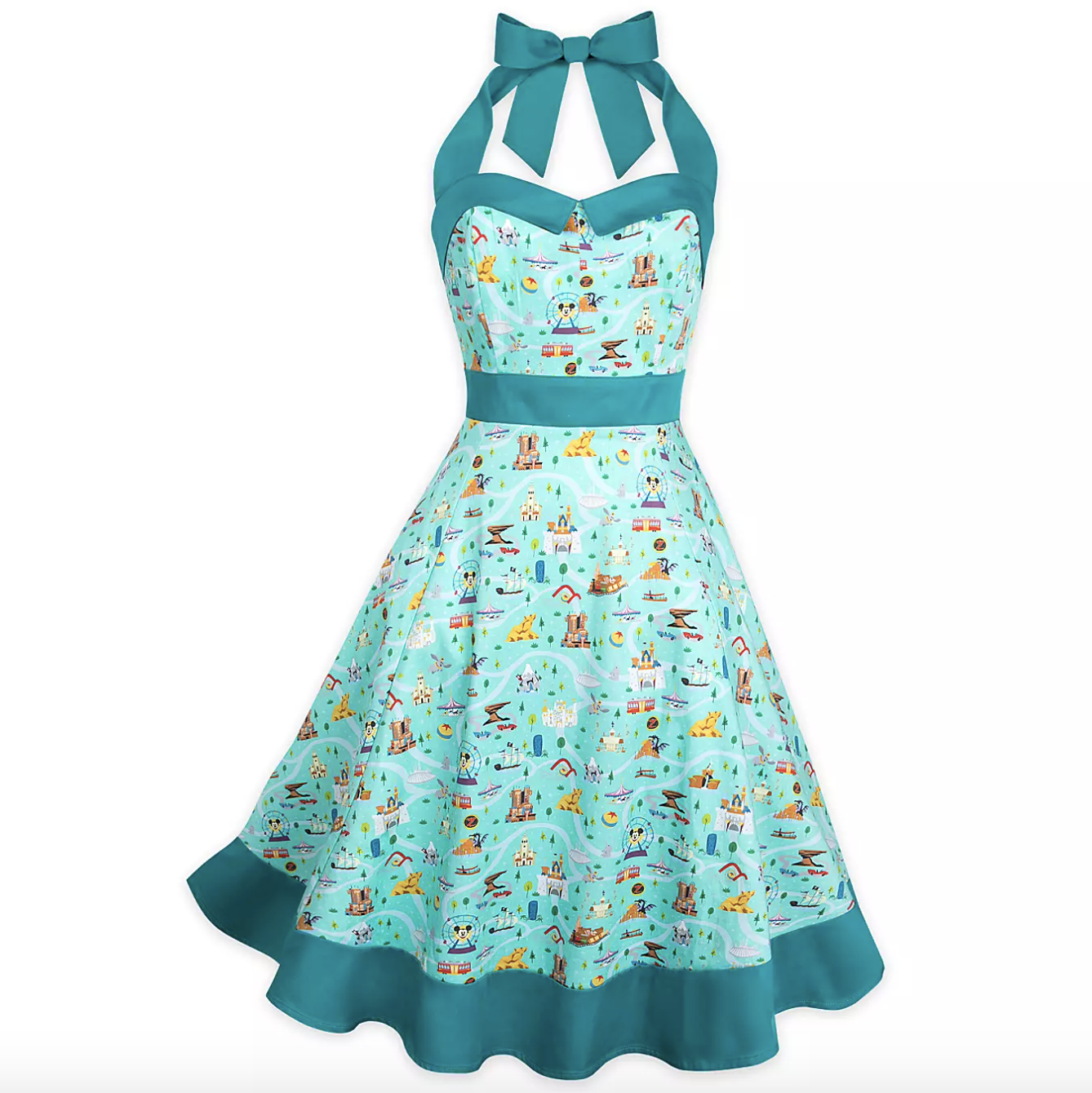 the dress, which is bright turquoise and has pockets and smocked panels 