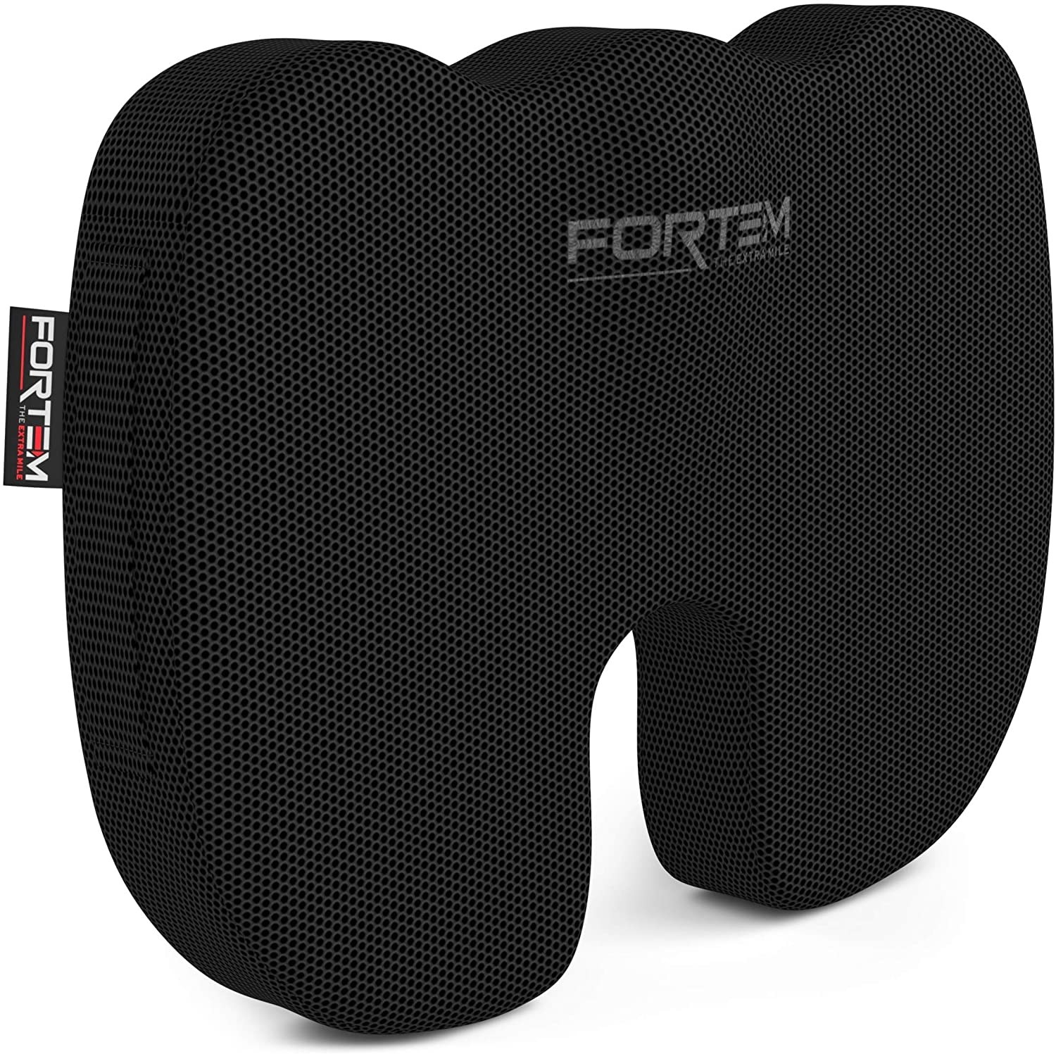 A thick soft seat cushion in a curved shape with a textured mesh cover