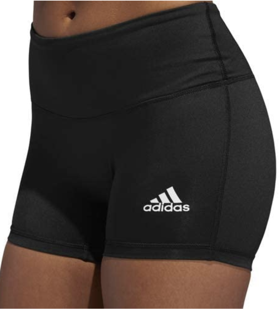 A pair of black bike shorts that fall on the upper thigh 