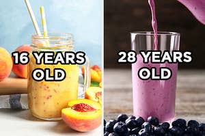 On the left, a peach smoothie in a mason jar with two paper straws and "16 years old" typed on top of it, and on the right, a blueberry smoothie being poured into a tall class with "28 years old typed on top"