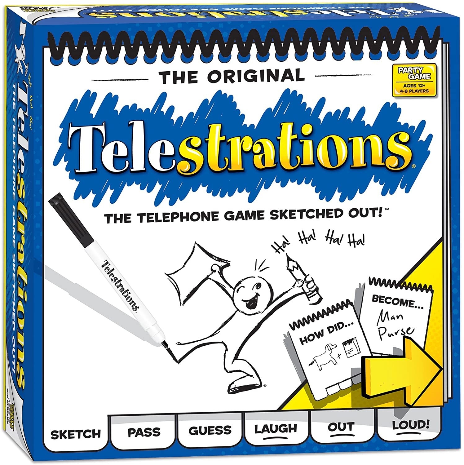 Telestrations board game box with notepad and sketched figure on cover 