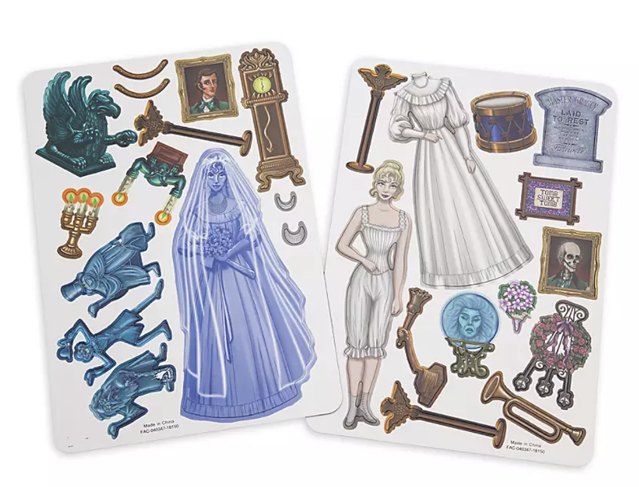 two sheets of magnets including an array of recognizable items from the haunted mansion ride