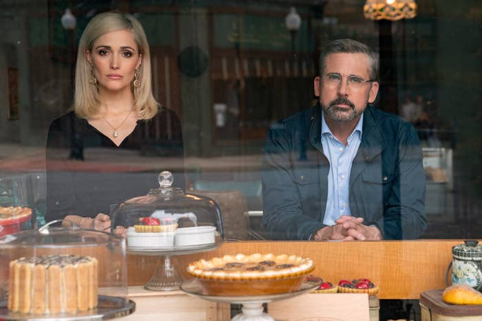 Rose Byrne and Steve Carell sit inside of a pie shop.