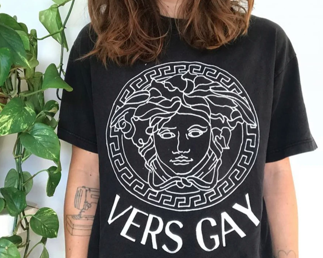 A Versace look-a-like logo that says &quot;vers gay&quot; instead of Versace