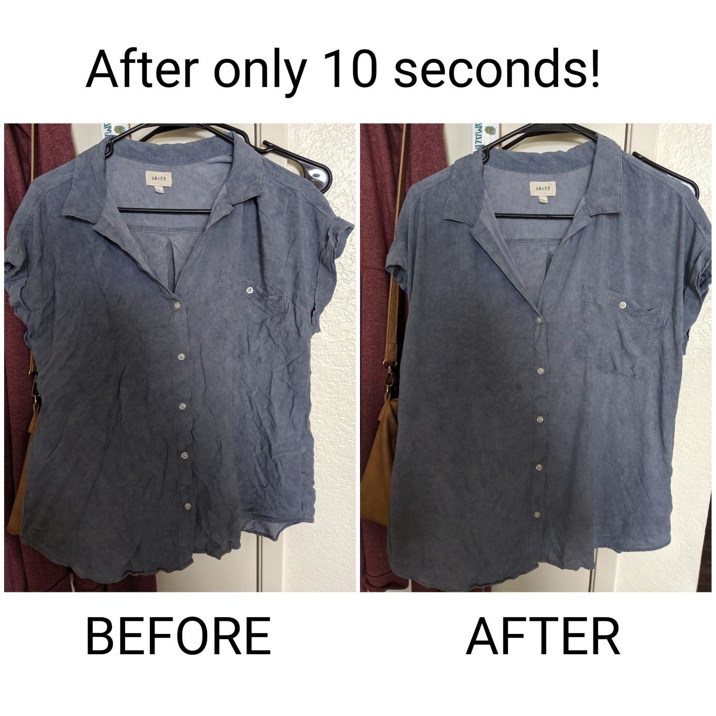 A reviewer collage of a really wrinkled blouse before, and much less wrinkled after with text &quot;after only 10 seconds!&quot;