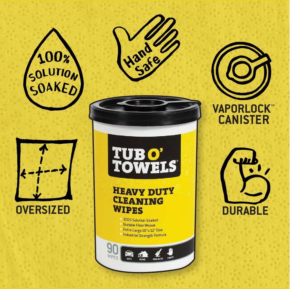 The canister of wipes, with the text &quot;oversized, 100% solution-soaked, hand safe, vaporlock canister, durable&quot;