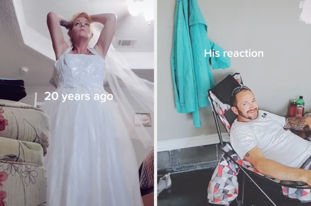 A TikToker puts on her wedding dress that she wore 20 years ago, and her husband smiles immediately when he sees her