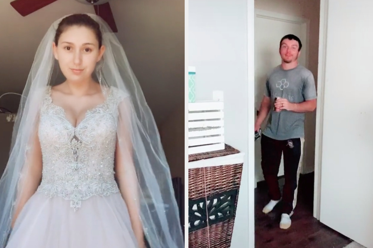 A TikToker wears her wedding dress and then her husband stands in the doorway, surprised when he sees her