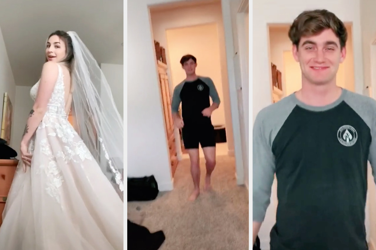 A TikToker puts on her wedding dress, her husband is at first startled and then happily walks towards her 