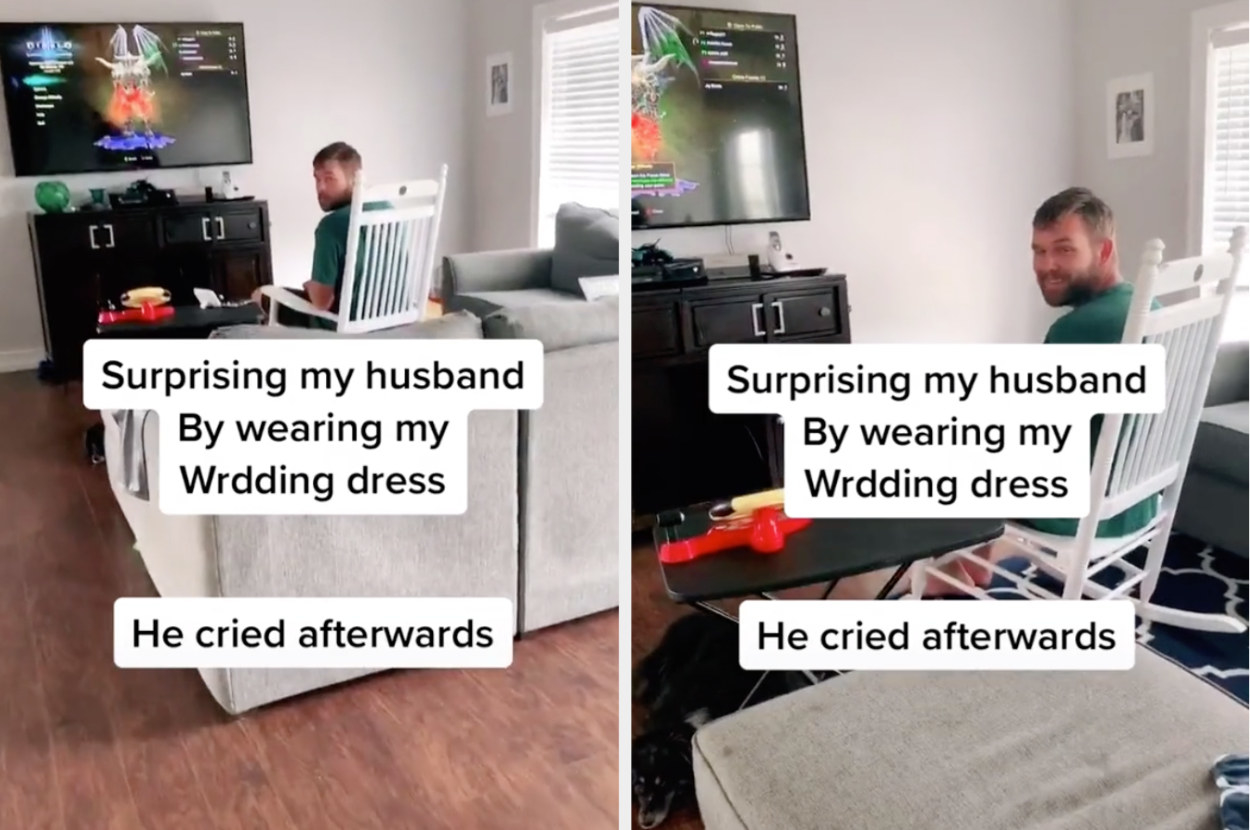 A TikToker&#x27;s video reads: &quot;Surprising my husband by wearing my wedding dress. He cried afterwards&quot;