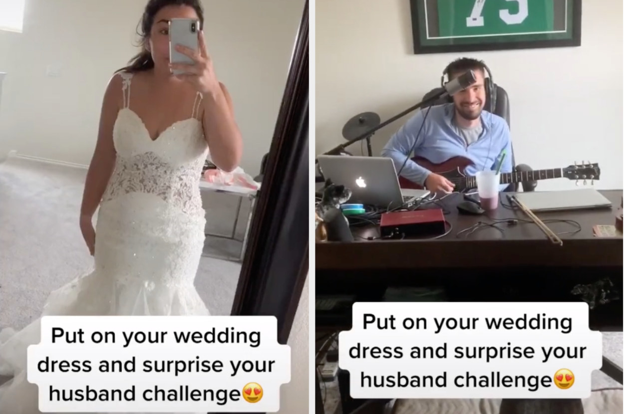 A TikToker puts on her wedding dress then walks in on her husband in a home office, and he lights up when he sees her