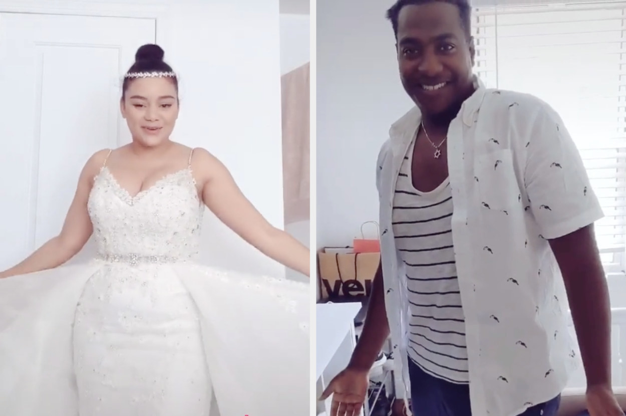 A TikToker shows off her wedding dress, and her husband stands up in awe