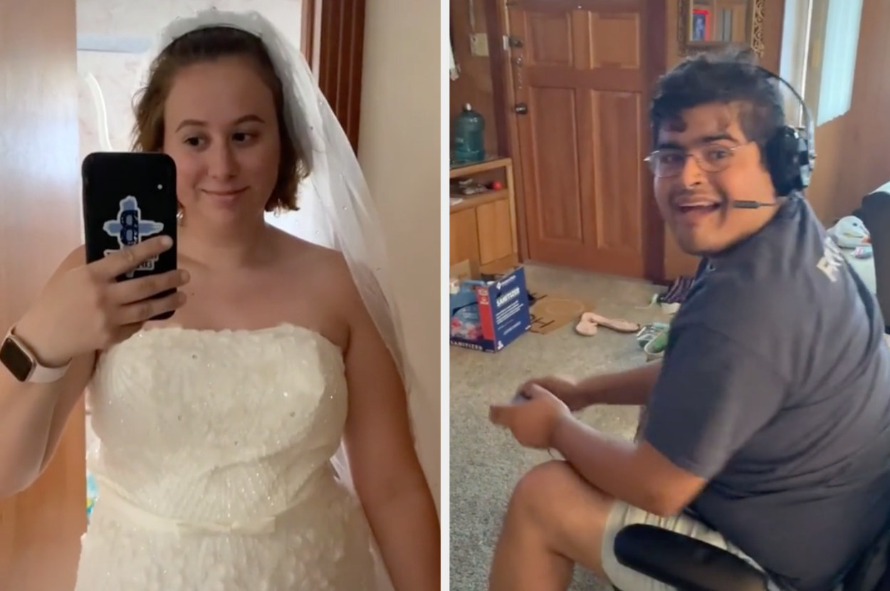 A TikToker shows her wedding dress, and then her husband turns away from his video game and smiles at her with lots of glee