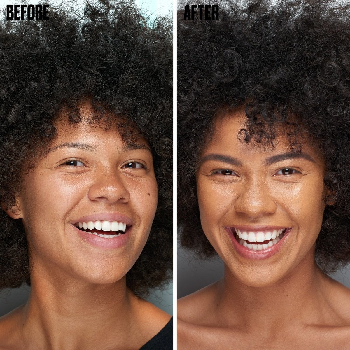A before/after of a model with sparser eyebrows on the left, and filled-in, darker eyebrows on the right