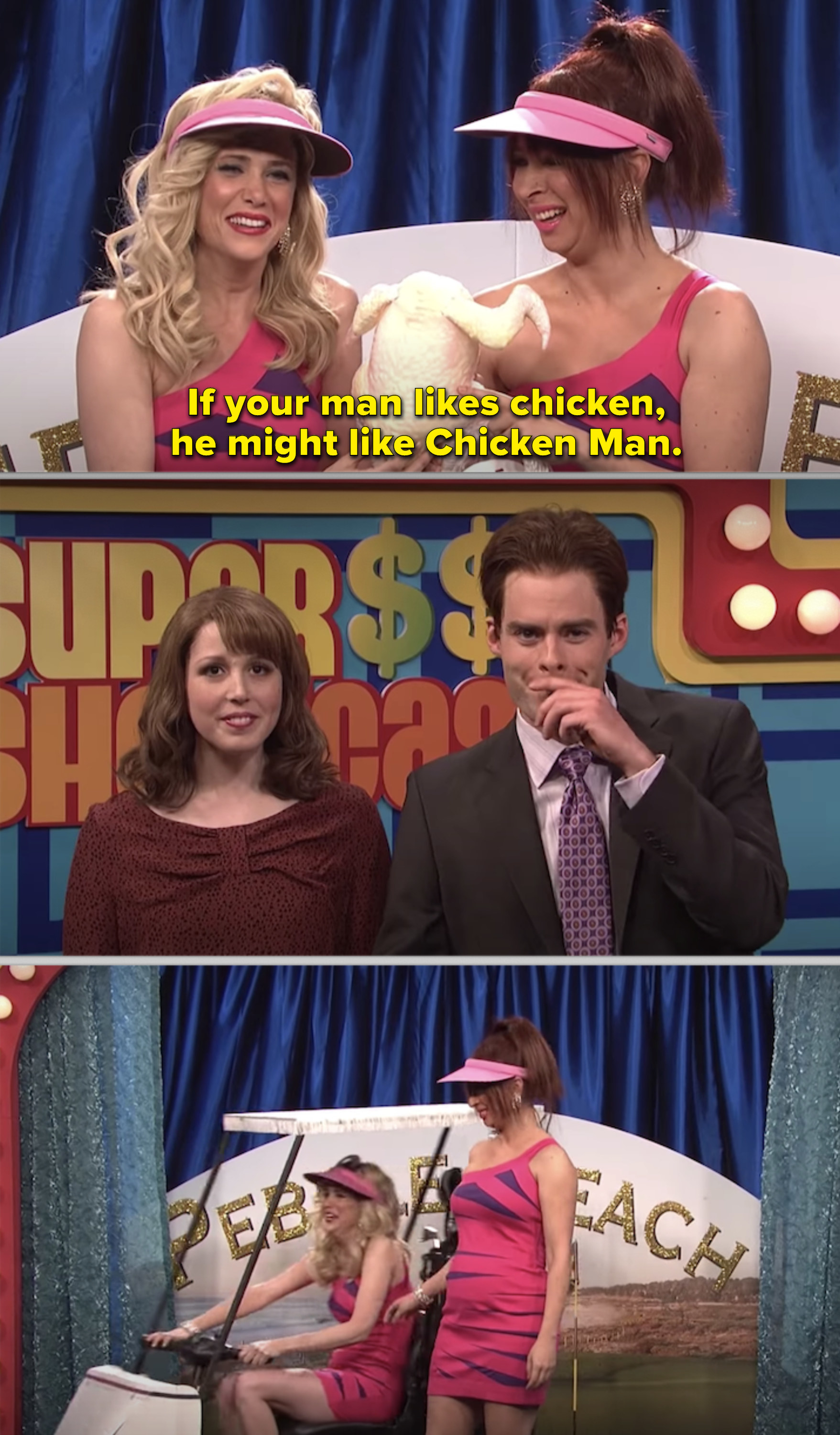 Three people on a game show set, two women in chicken-themed attire, one man in a suit, comedy sketch scenario