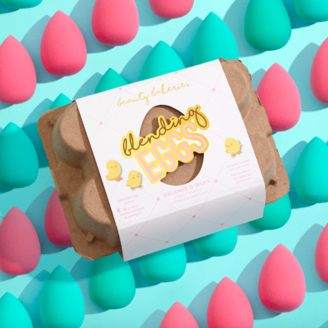 Beauty Bakerie blue and pink Blending Eggs in a brown egg carton