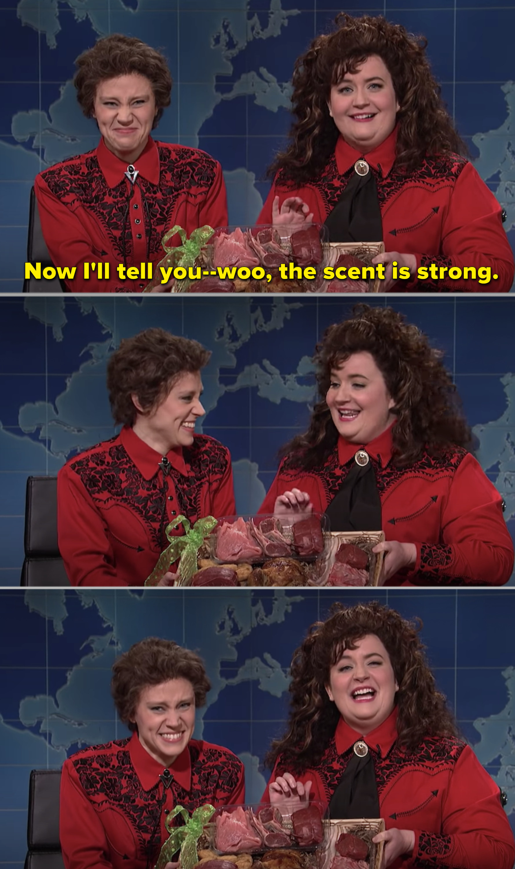 Two people in matching floral shirts and vests on a comedy show, one holding flowers, captioned with dialogue