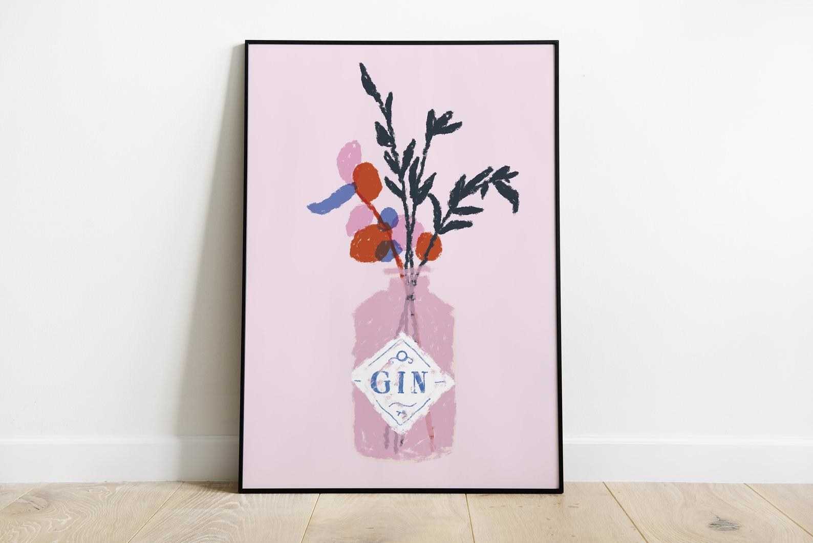 A pink, red, and blue print of a gin bottle being used as a vase with flowers