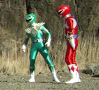 two power rangers shrugging at each other