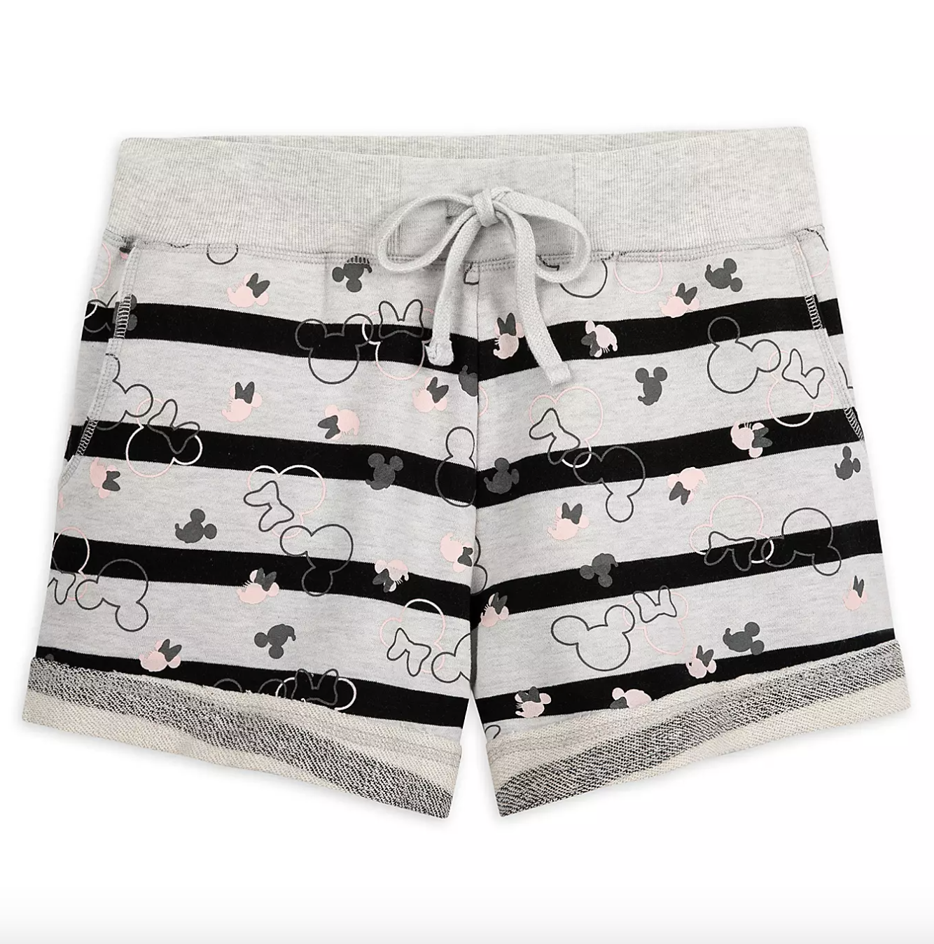 the gray shorts, which have Mickey and Minnie icon print, screen art &#x27;&#x27;Walt Disney World&#x27;&#x27; on waistband, a wide ribbed elastic waistband and drawstring tie
