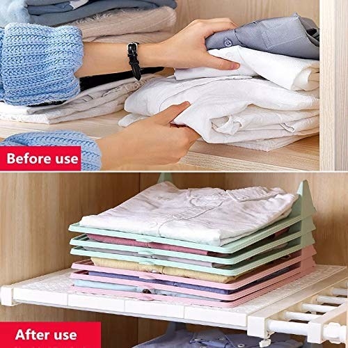 A before and after image of a person using the organiser. The before image has shirts stacked messily and the after image has shirts stacked neatly.