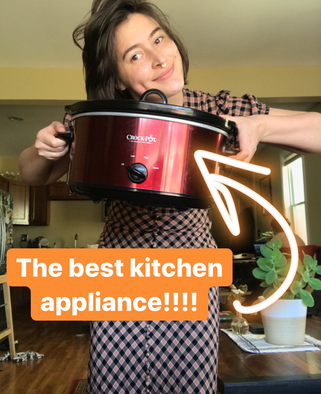A person holding their Crock-Pot up in their kitchen