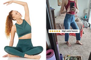 Model in a sports bra / reviewer in jeans with text "high waist heaven"