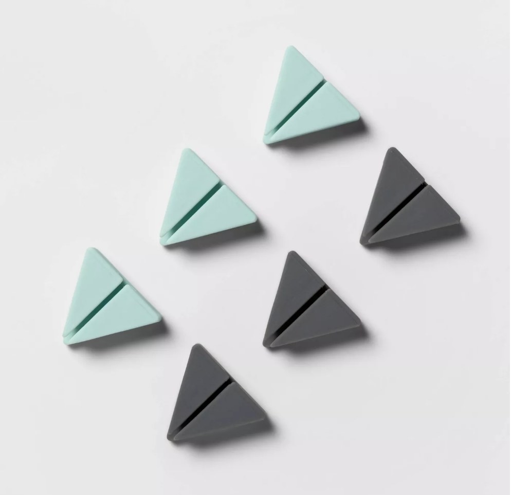 minty blue and grey triangle shaped cord holders