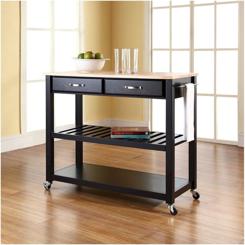 a kitchen island on wheels, the base is black with a middle shelf and two drawers