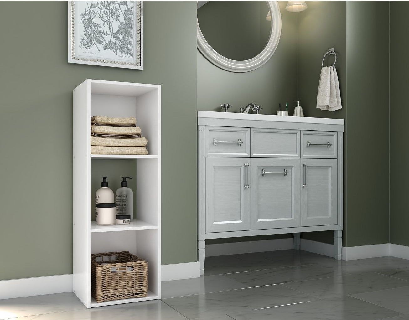 The three-cube organizer in a bathroom