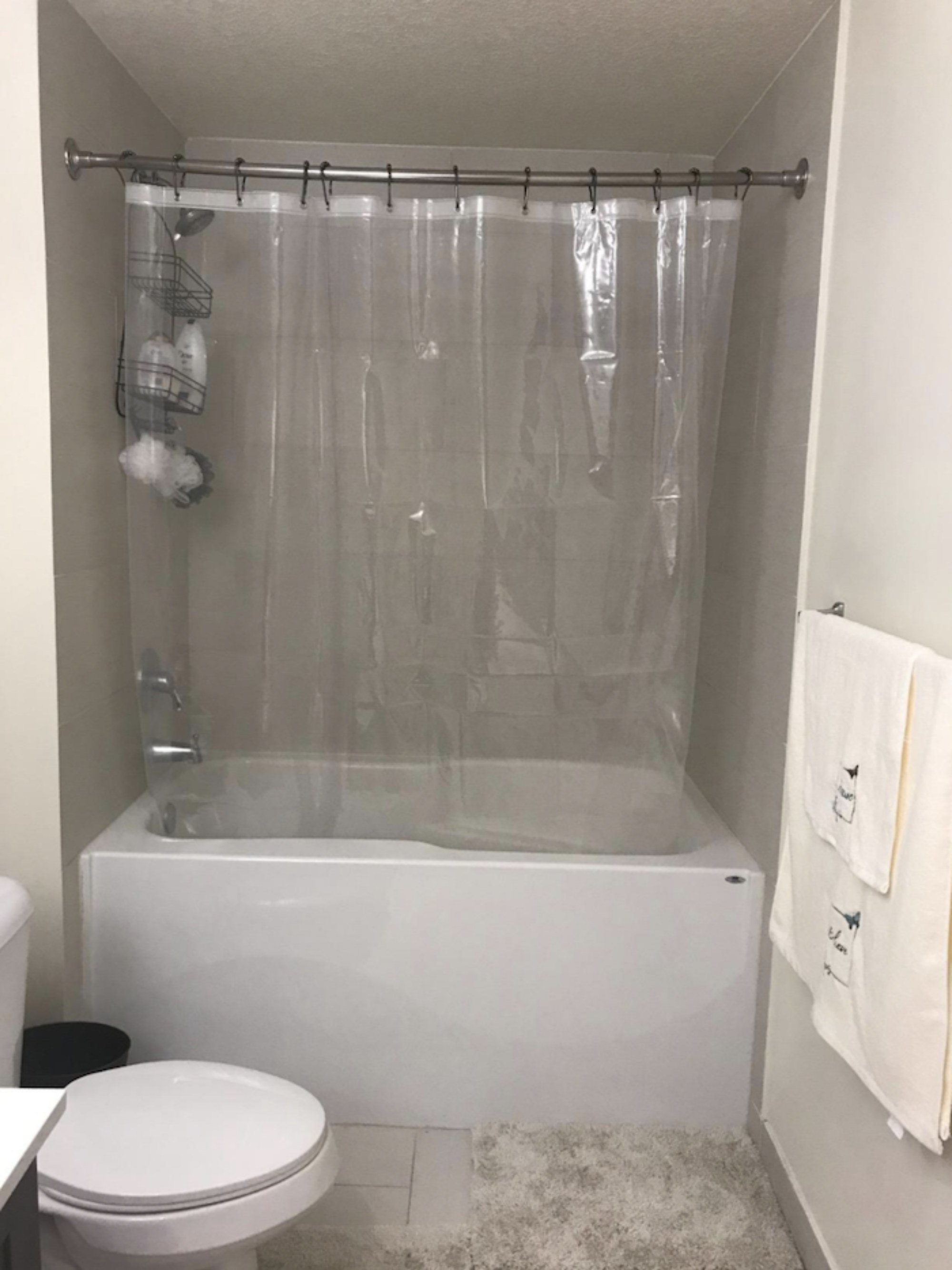 Transparent shower curtain hanging in the bathroom