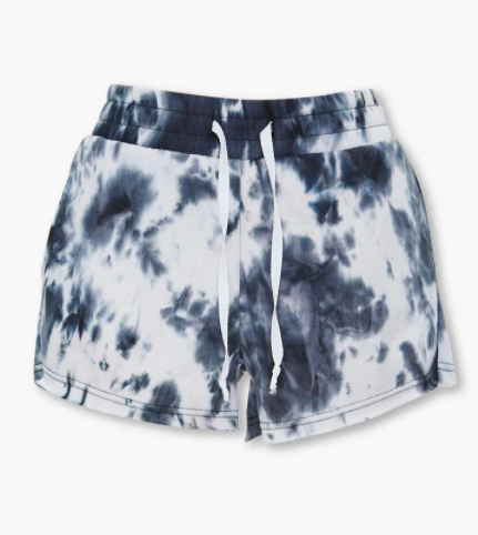 White and black tie-dye shorts with a drawstring