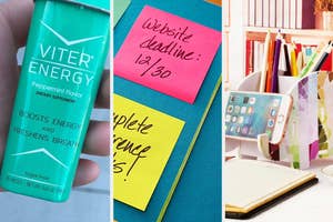 Energizing mints on the left, post-its in the middle, and a pen organizer on the right