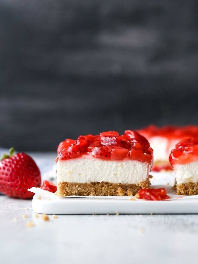 Cheesecake bars topped with strawberry