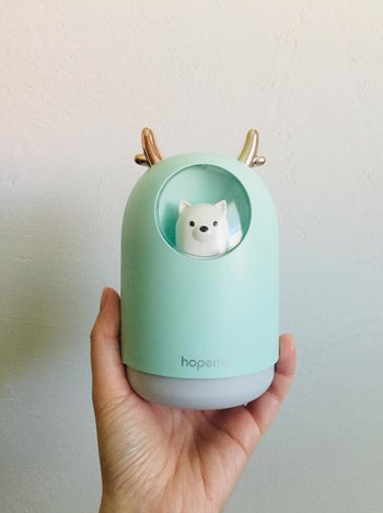 hand holds the small humidifier, which is oval shaped with small antlers on top and a window with a dog inside 