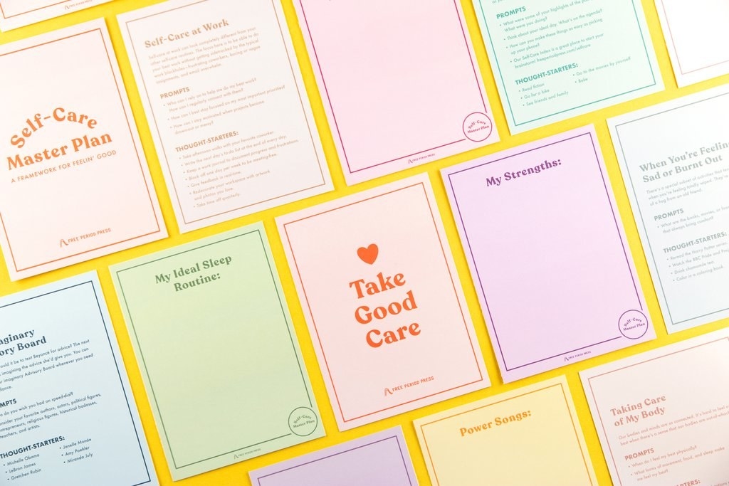 various pastel postcards lined up with prompts or messages like &quot;take good care&quot; 
