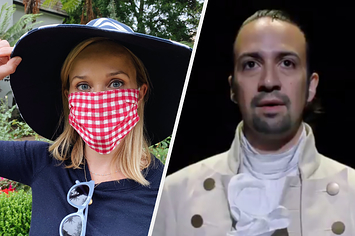 Reese Witherspoon in a mask side-by-side with Lin-Manuel Miranda in Hamilton