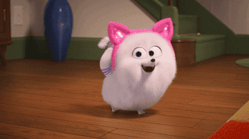 A cute, fluffy animated white dog wears a cat ears headband and wags its tail excitedly