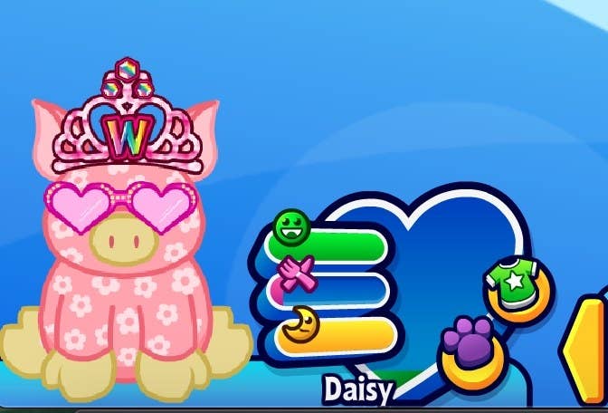 A Webkinz pet named Daisy, who is a pink, floral pig