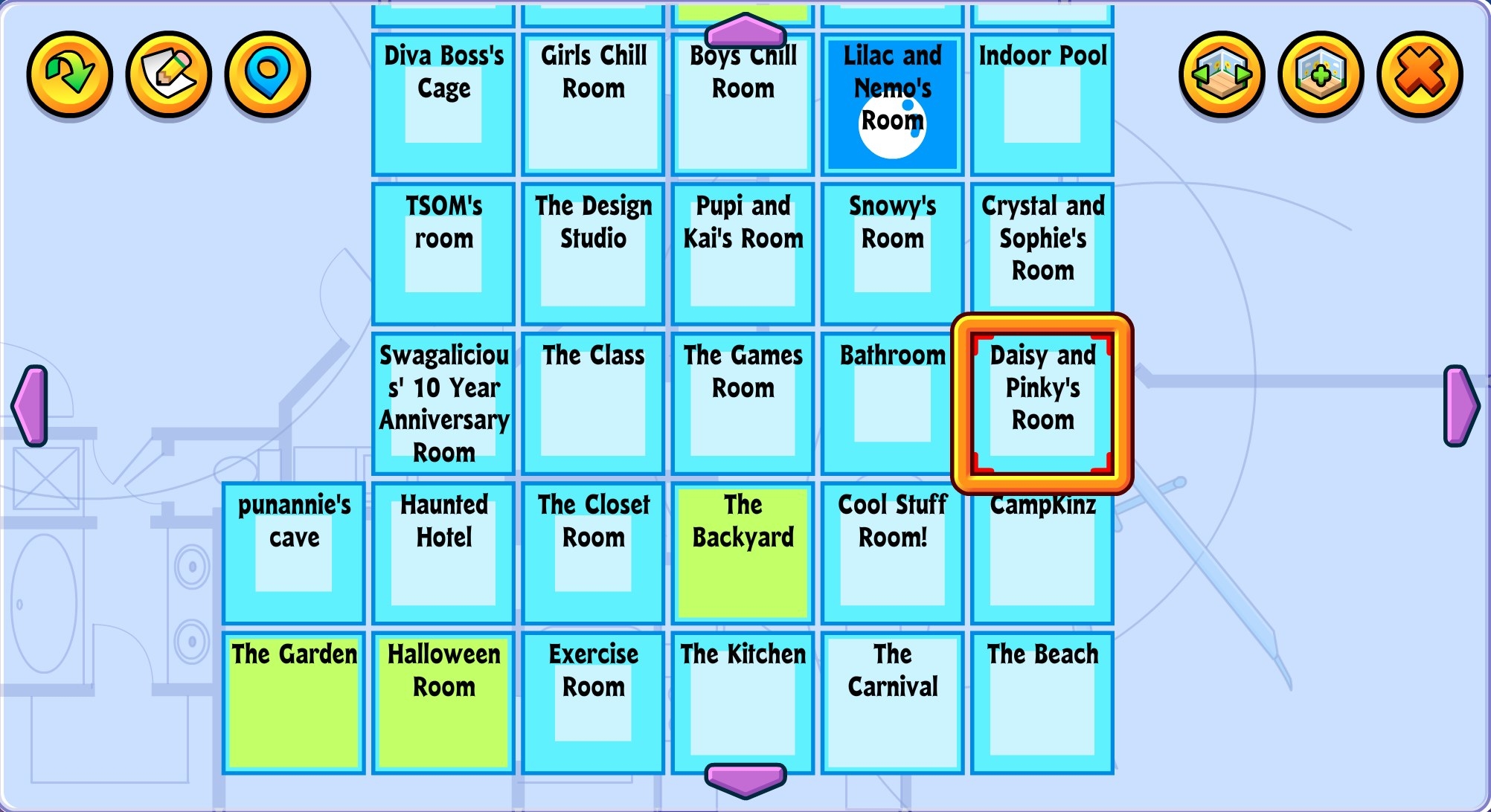A layout of a Webkinz house, including games room, a closet, a haunted hotel room, and a garden