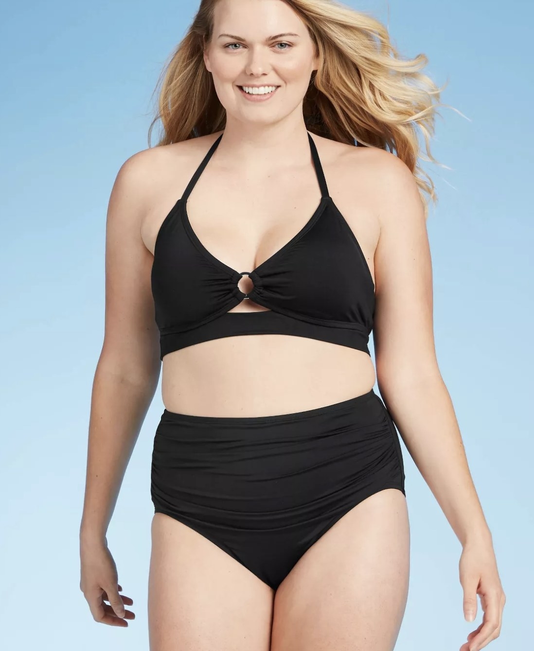 Model wearing the bikini bottom in black